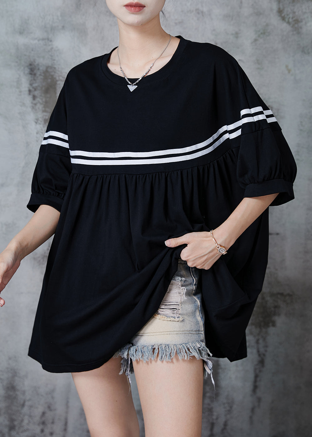Black Oversized Striped Cotton Tanks Summer
