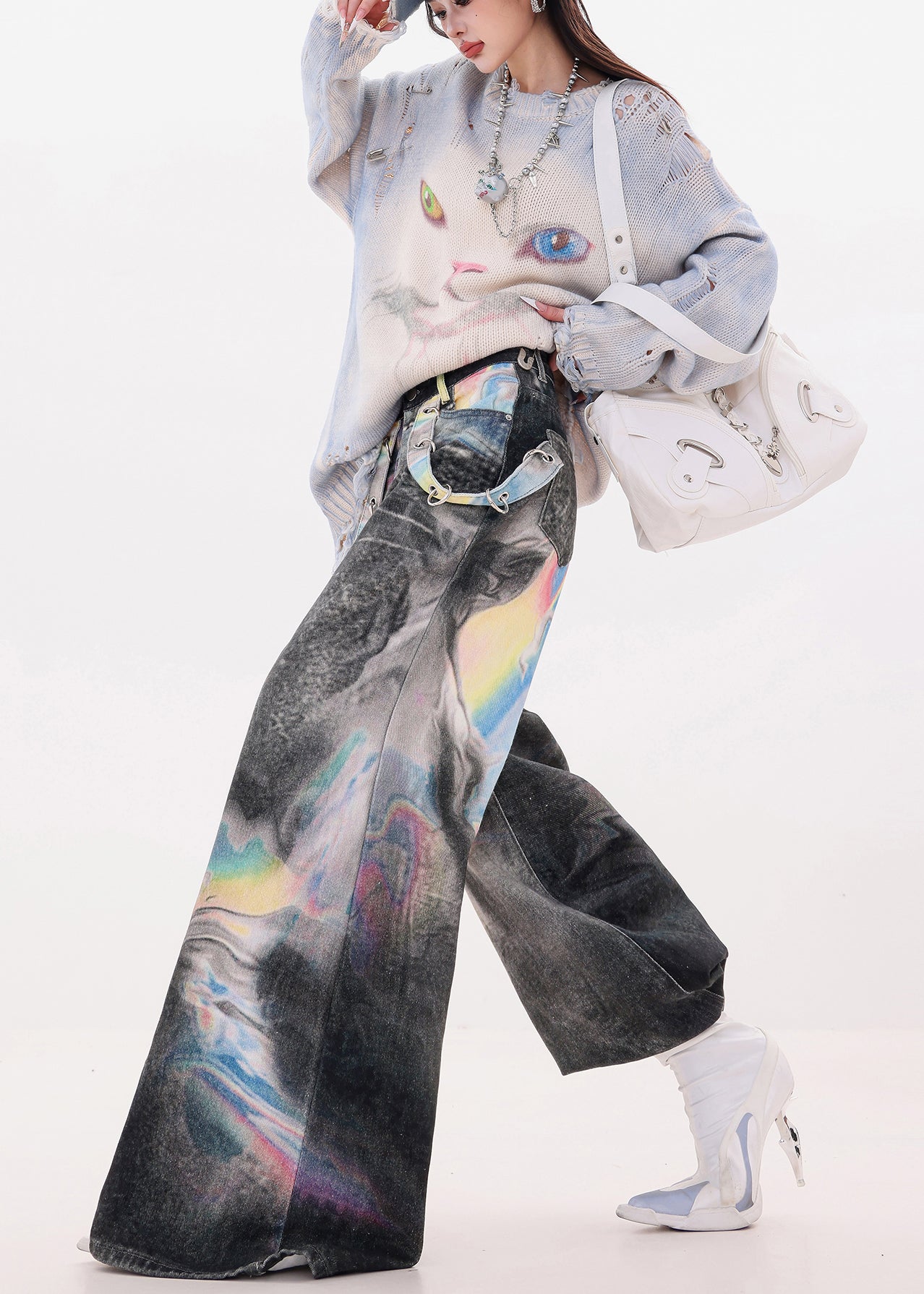 Black Oversized Tie Dye Denim Wide Leg Pants Spring