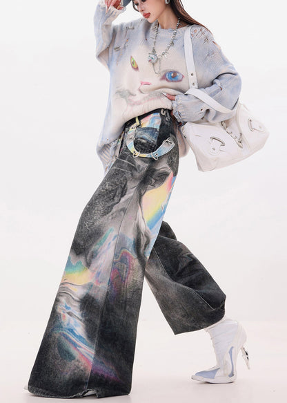 Black Oversized Tie Dye Denim Wide Leg Pants Spring