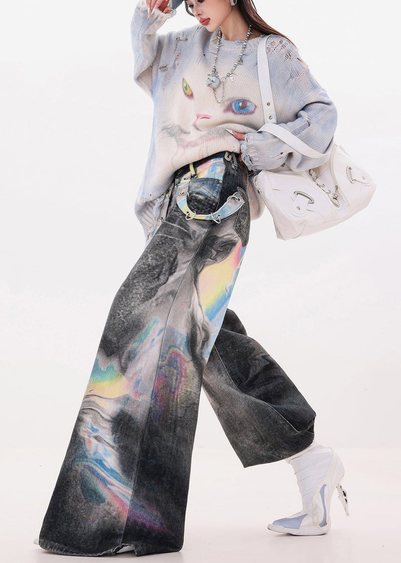 Black Oversized Tie Dye Denim Wide Leg Pants Spring