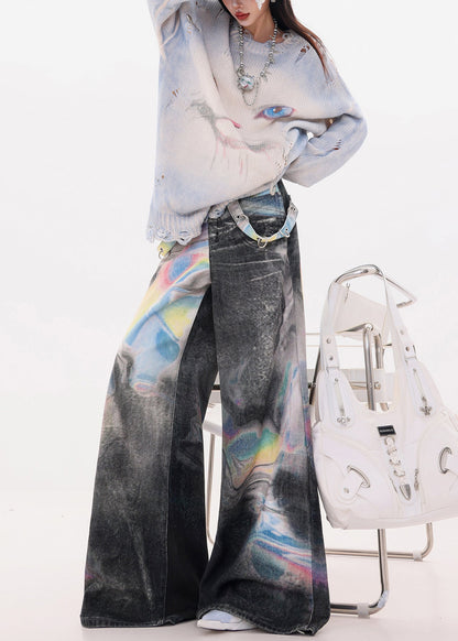 Black Oversized Tie Dye Denim Wide Leg Pants Spring
