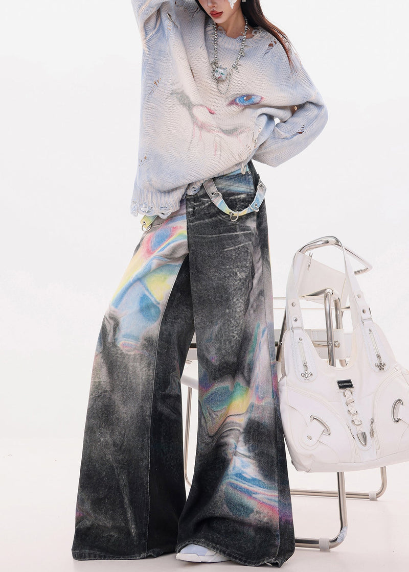 Black Oversized Tie Dye Denim Wide Leg Pants Spring