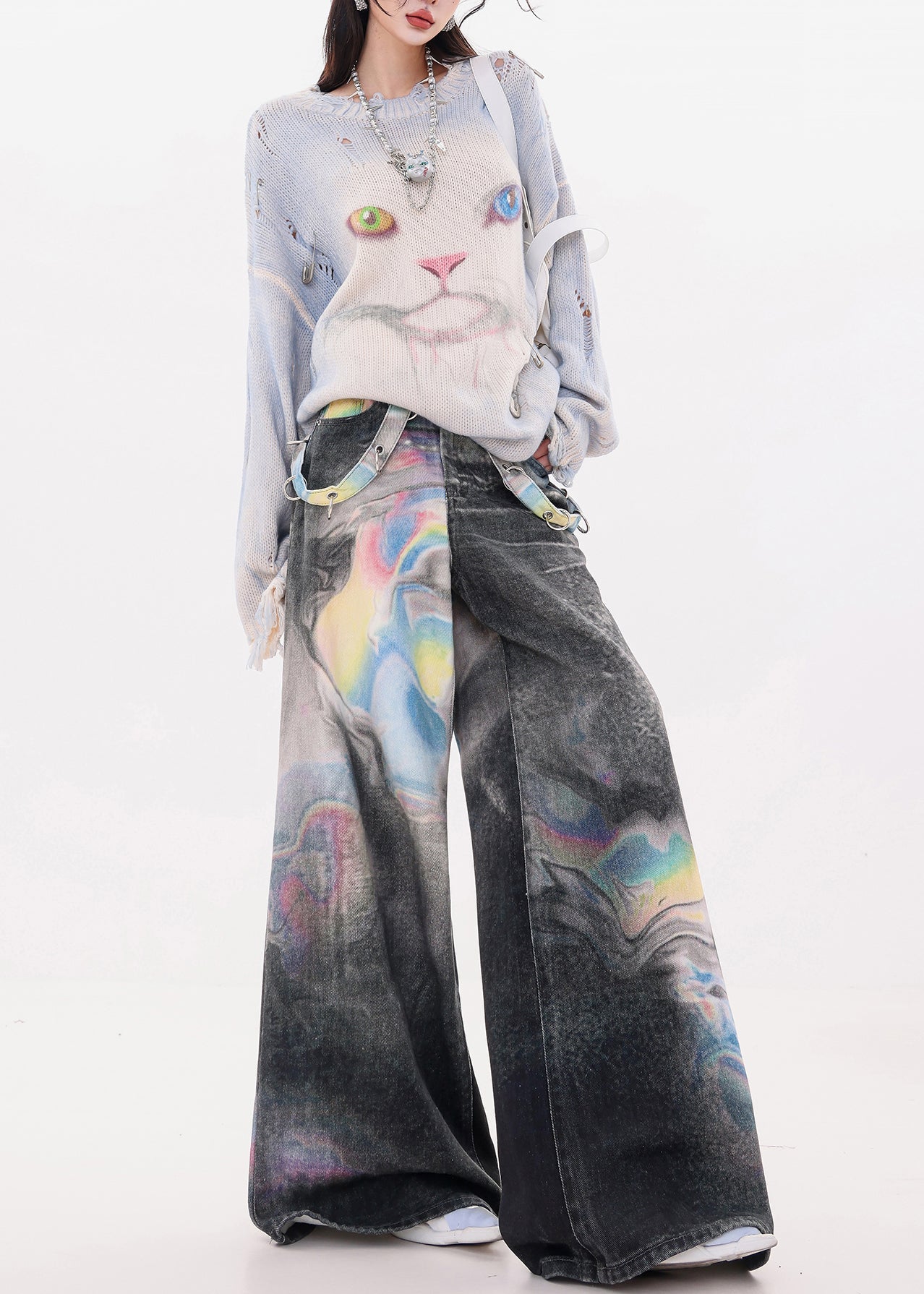 Black Oversized Tie Dye Denim Wide Leg Pants Spring