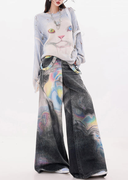 Black Oversized Tie Dye Denim Wide Leg Pants Spring