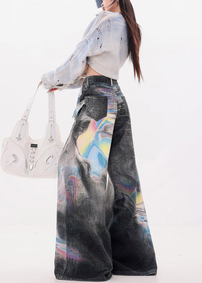 Black Oversized Tie Dye Denim Wide Leg Pants Spring