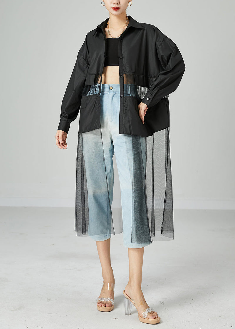 Black Oversized Tulle Patchwork Hollow Out Cotton Long Coat Summer