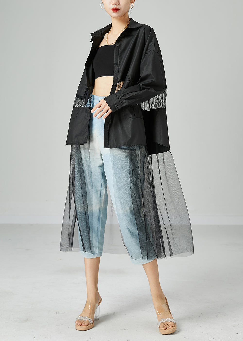 Black Oversized Tulle Patchwork Hollow Out Cotton Long Coat Summer
