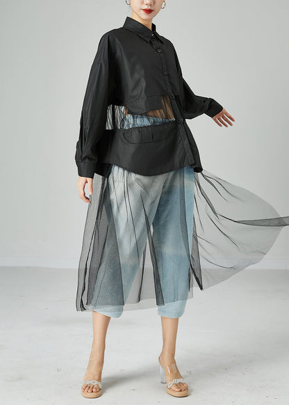 Black Oversized Tulle Patchwork Hollow Out Cotton Long Coat Summer