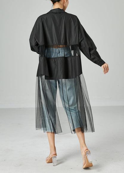 Black Oversized Tulle Patchwork Hollow Out Cotton Long Coat Summer