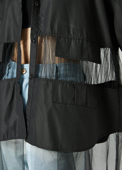 Black Oversized Tulle Patchwork Hollow Out Cotton Long Coat Summer
