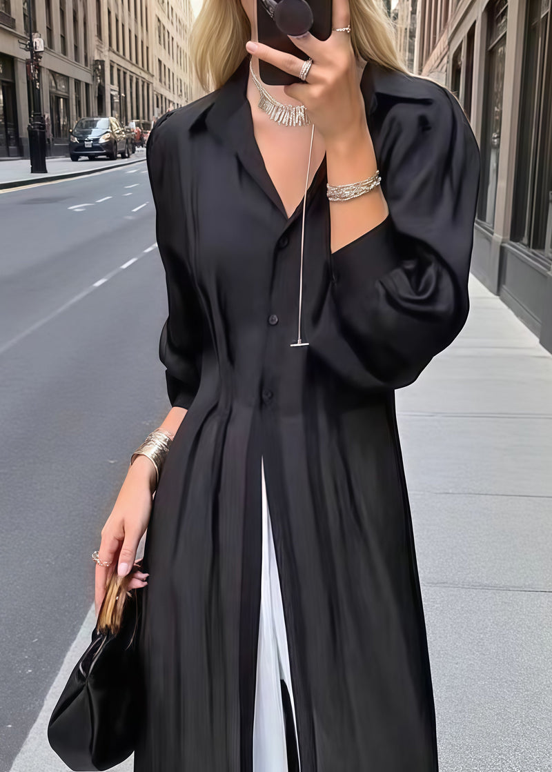 Black Oversized Wrinkled Chiffon Shirt Dresses Summer