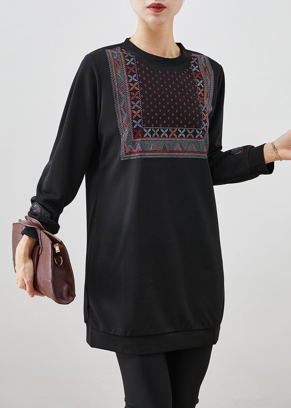 Black Oversized Zircon Cotton Sweatshirts Dress Fall
