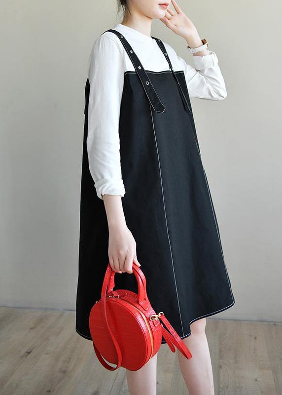 Black Patchwork Cotton Dress Two Piece Set Clothing
