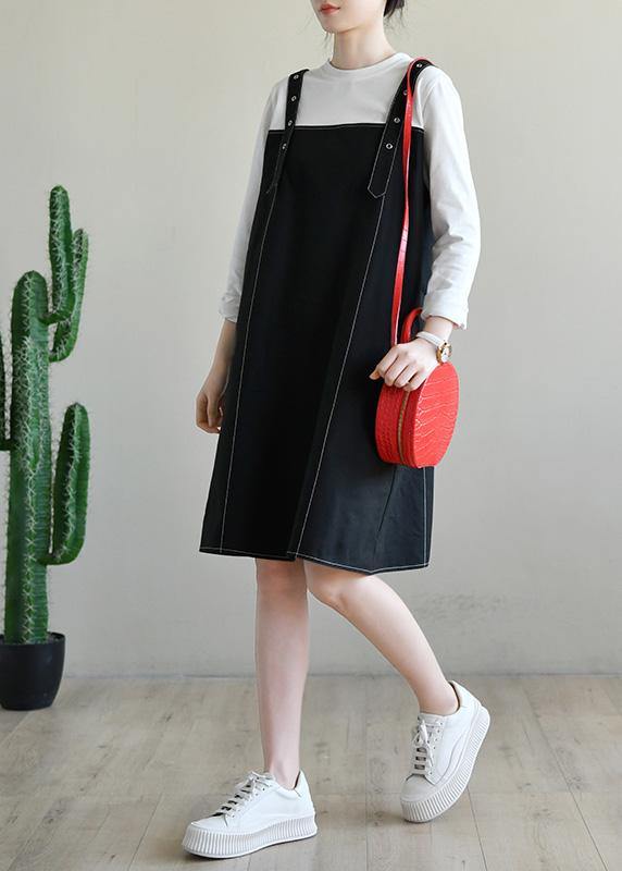 Black Patchwork Cotton Dress Two Piece Set Clothing
