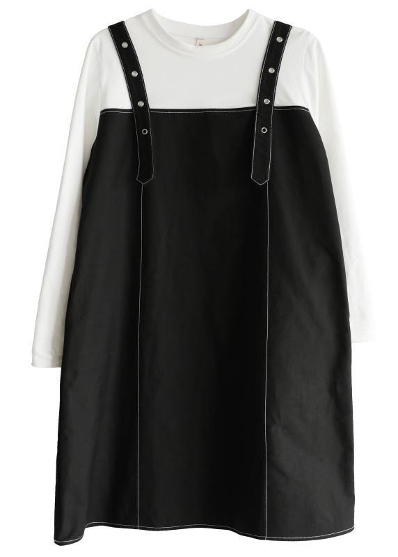 Black Patchwork Cotton Dress Two Piece Set Clothing