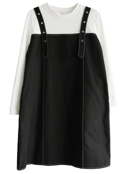 Black Patchwork Cotton Dress Two Piece Set Clothing
