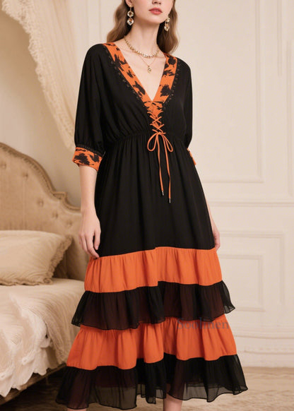 Black Patchwork Cross Strap Chiffon Maxi Dresses Summer