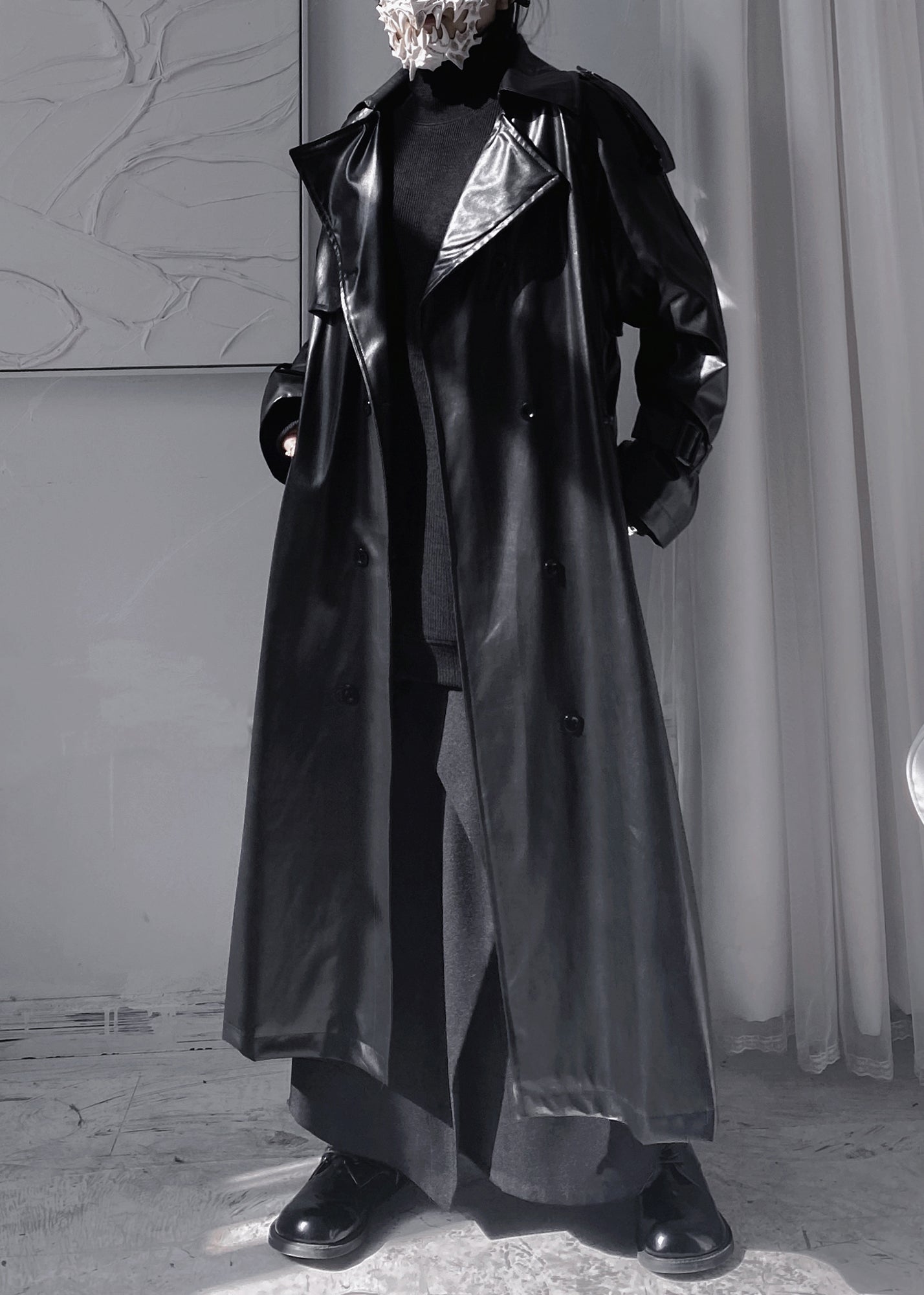 Black Peter Pan Colla Patchwork Sashes Faux Leather Long Trench Coats Long Sleeve