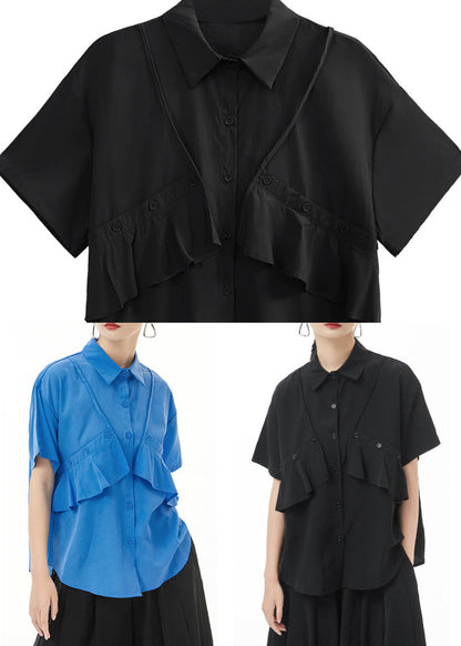 Black Peter Pan Collar Asymmetrical Design Shirt Tops Short Sleeve