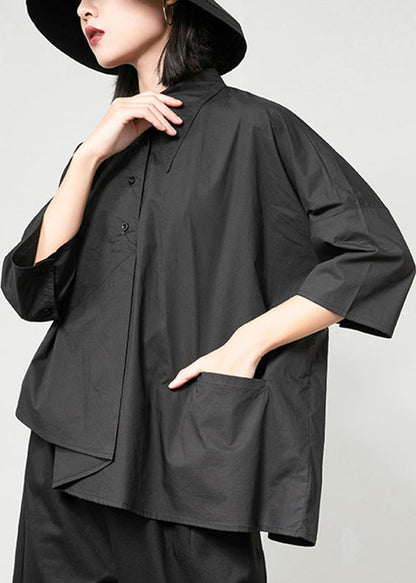 Women Black Peter Pan Collar Asymmetrical Patchwork Button Pockets Shirt Long Sleeve