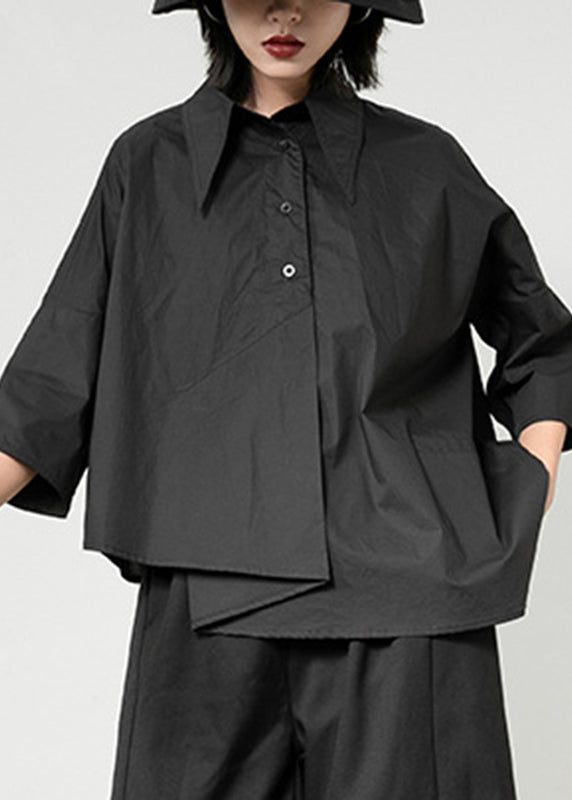 Black Peter Pan Collar Asymmetrical Patchwork Button Pockets Shirt Long Sleeve