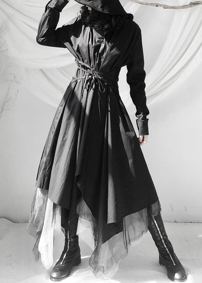 Black Peter Pan Collar Asymmetrical Tie Waist Long Shirts Dress Long Sleeve