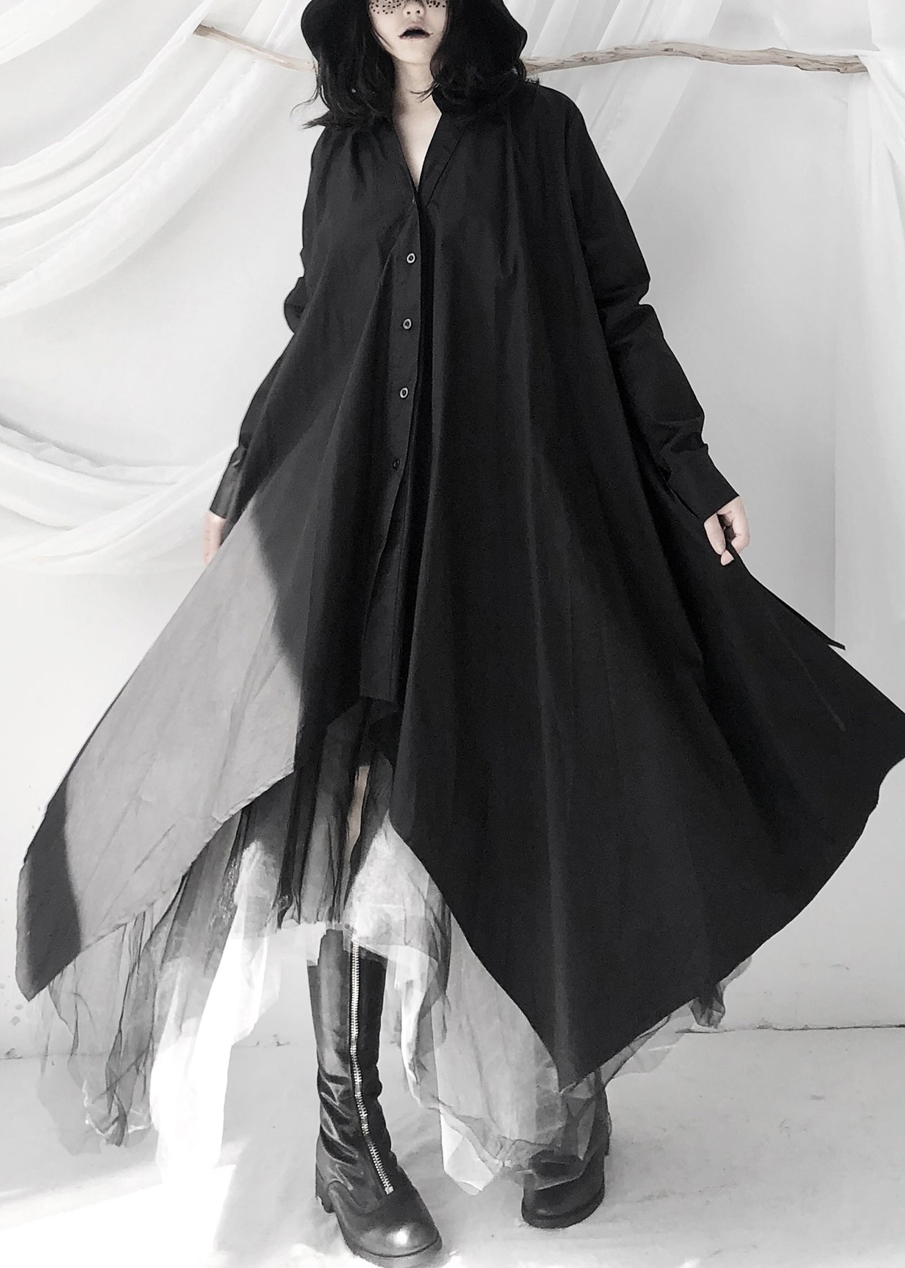 Black Peter Pan Collar Asymmetrical Tie Waist Long Shirts Dress Long Sleeve