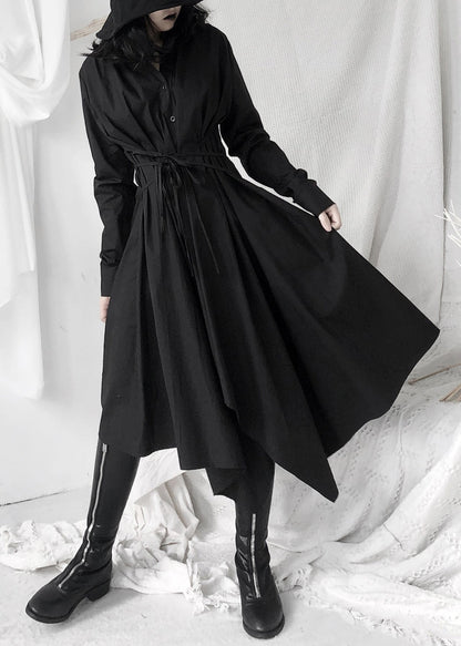 Black Peter Pan Collar Asymmetrical Tie Waist Long Shirts Dress Long Sleeve