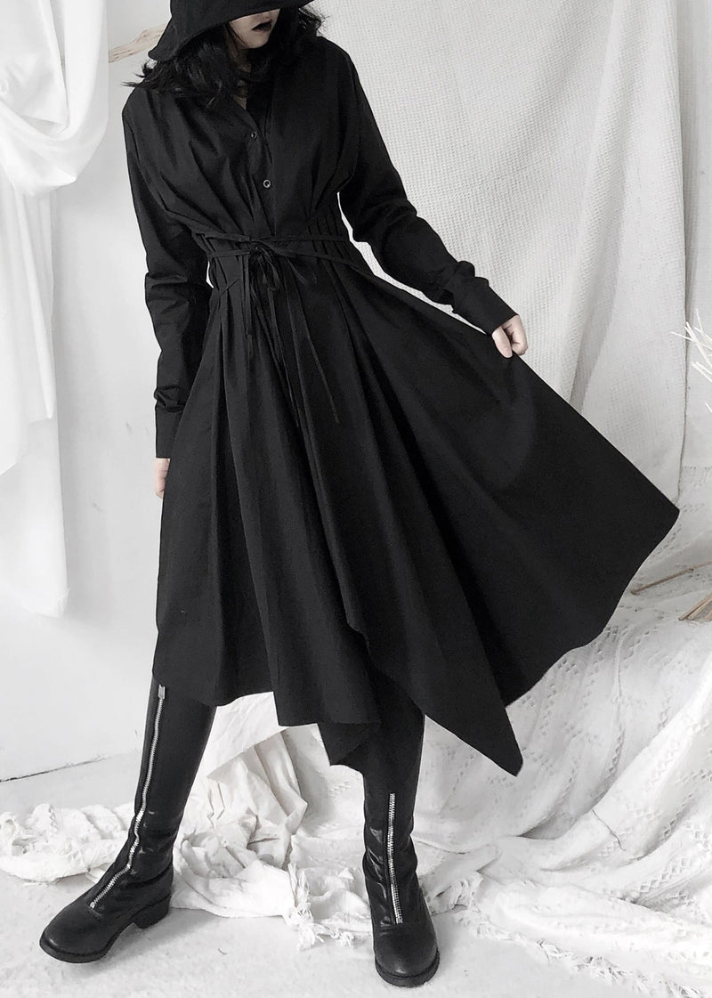 Black Peter Pan Collar Asymmetrical Tie Waist Long Shirts Dress Long Sleeve
