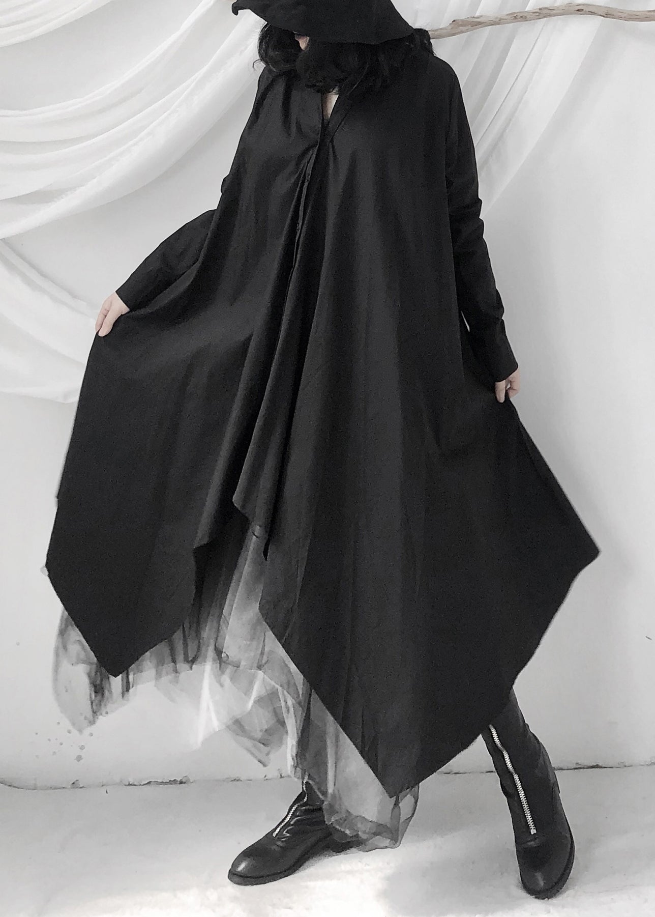 Black Peter Pan Collar Asymmetrical Tie Waist Long Shirts Dress Long Sleeve