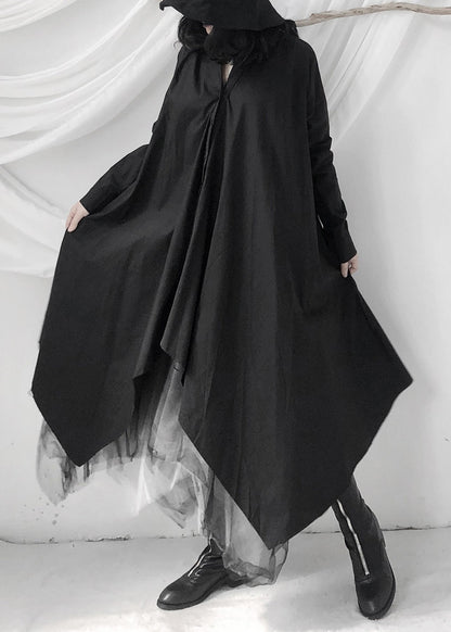Black Peter Pan Collar Asymmetrical Tie Waist Long Shirts Dress Long Sleeve
