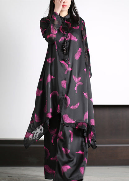 Black Peter Pan Collar Button Silk Maxi Shirts and Wide Leg Pants Two Piece Set Spring