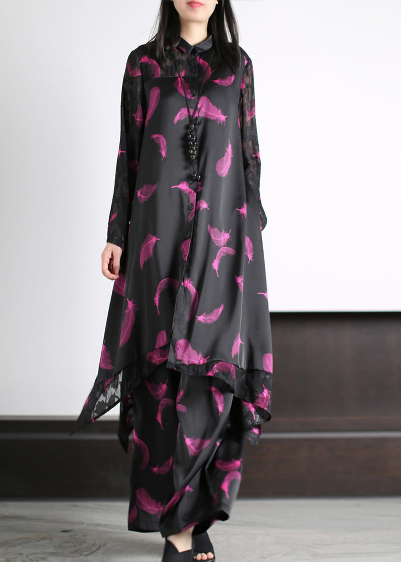 Black Peter Pan Collar Button Silk Maxi Shirts and Wide Leg Pants Two Piece Set Spring