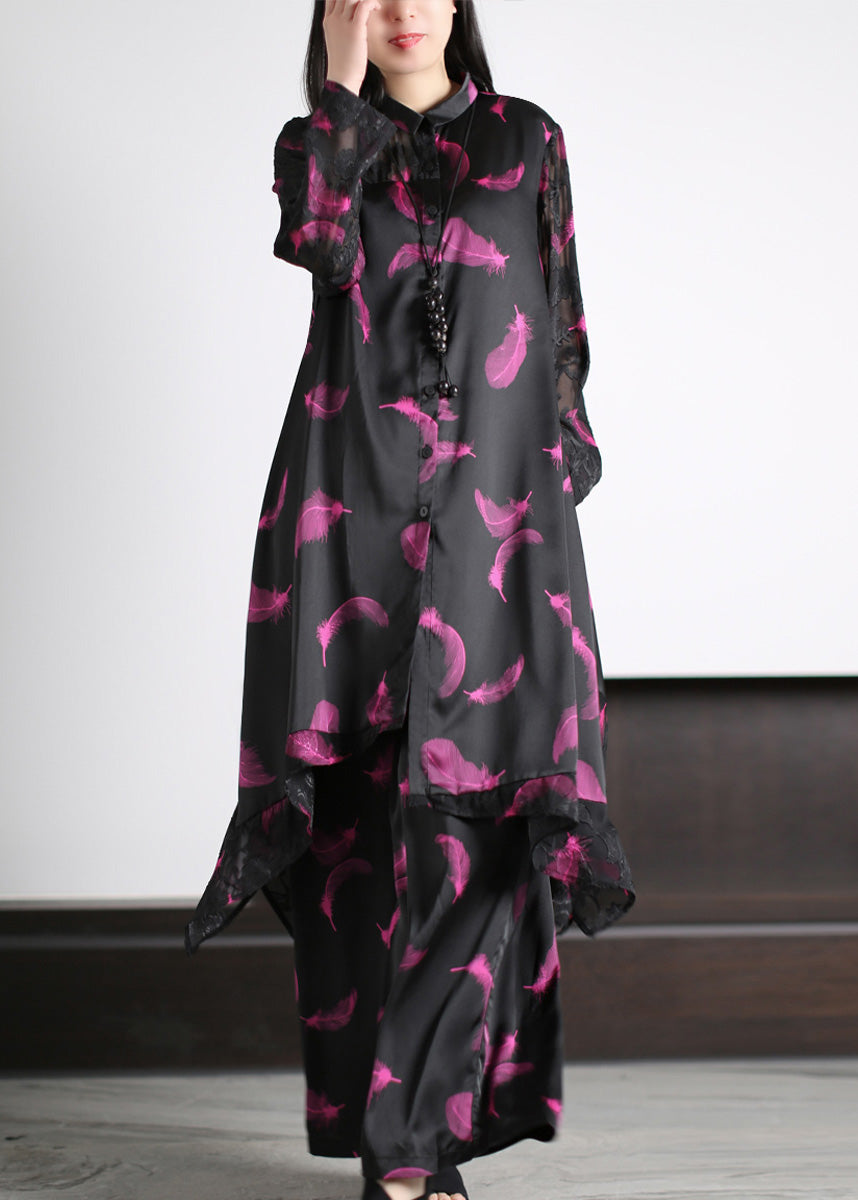 Black Peter Pan Collar Button Silk Maxi Shirts and Wide Leg Pants Two Piece Set Spring