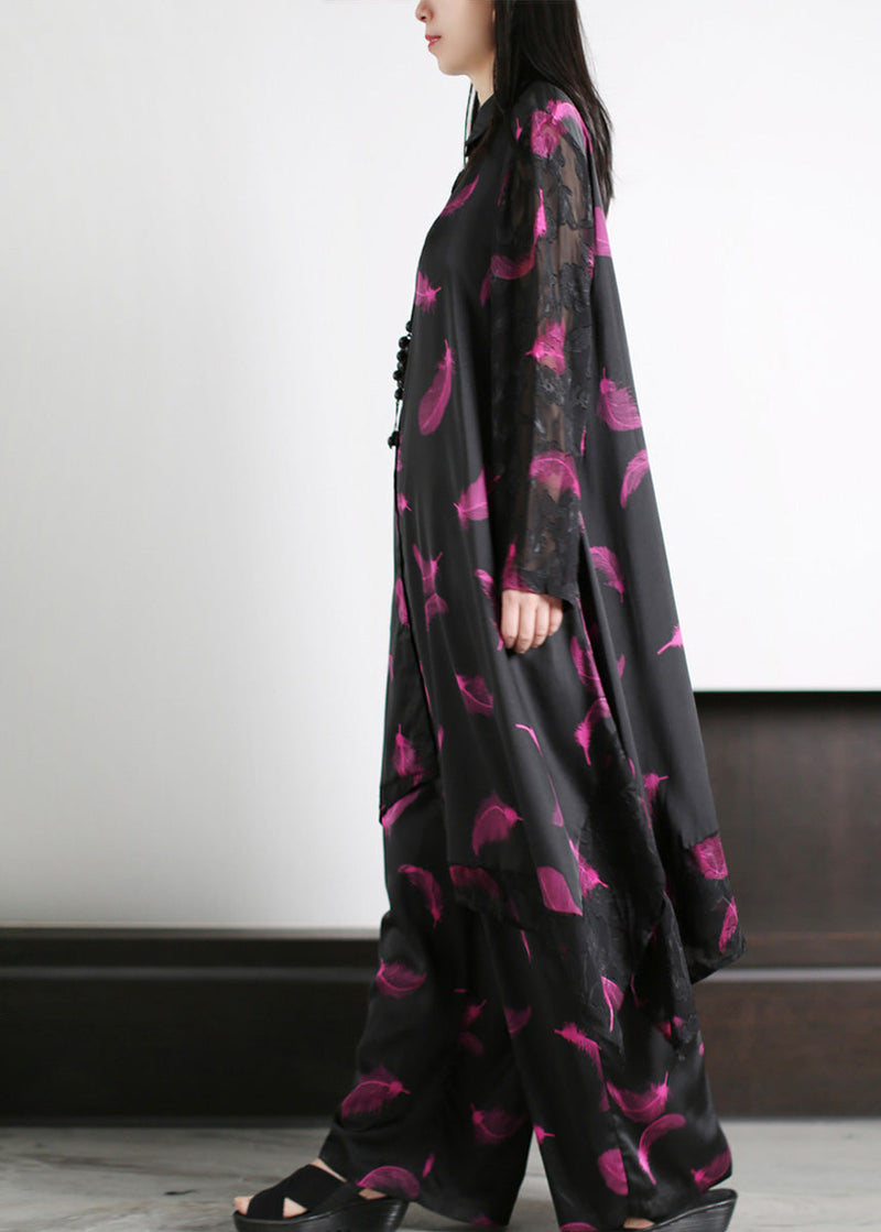 Black Peter Pan Collar Button Silk Maxi Shirts and Wide Leg Pants Two Piece Set Spring