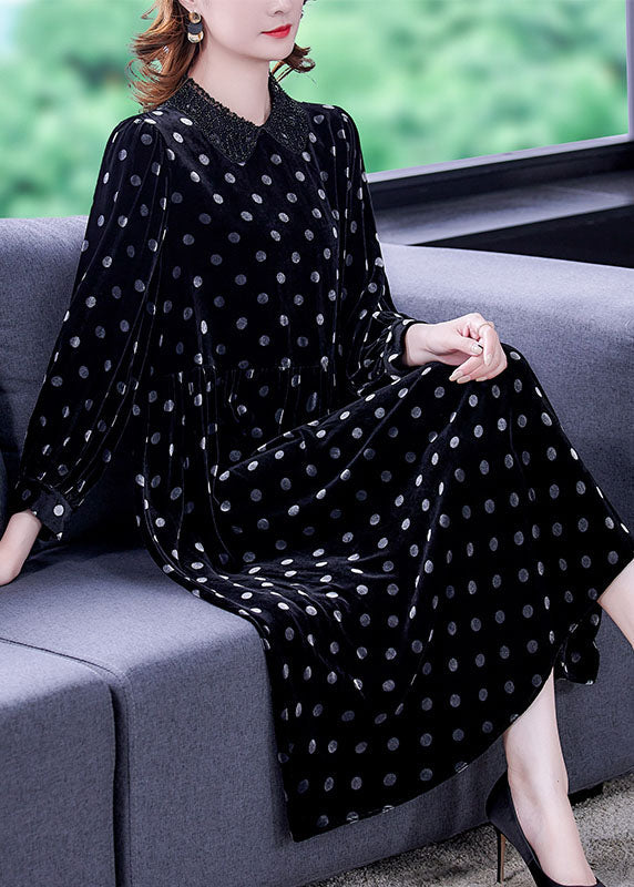 Black Peter Pan Collar Dot Velour Dresses Spring