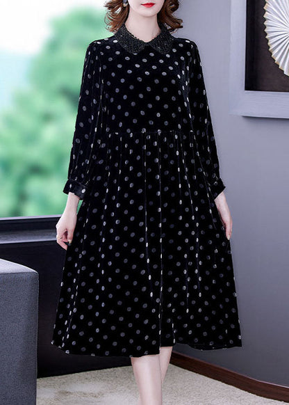 Black Peter Pan Collar Dot Velour Dresses Spring