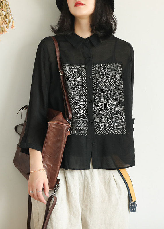 Black Peter Pan Collar Geometric Patchwork Linen Blouse Top Bracelet Sleeve
