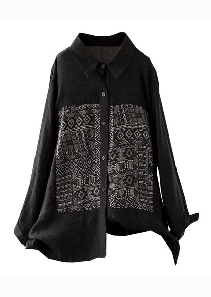 Black Peter Pan Collar Geometric Patchwork Linen Blouse Top Bracelet Sleeve