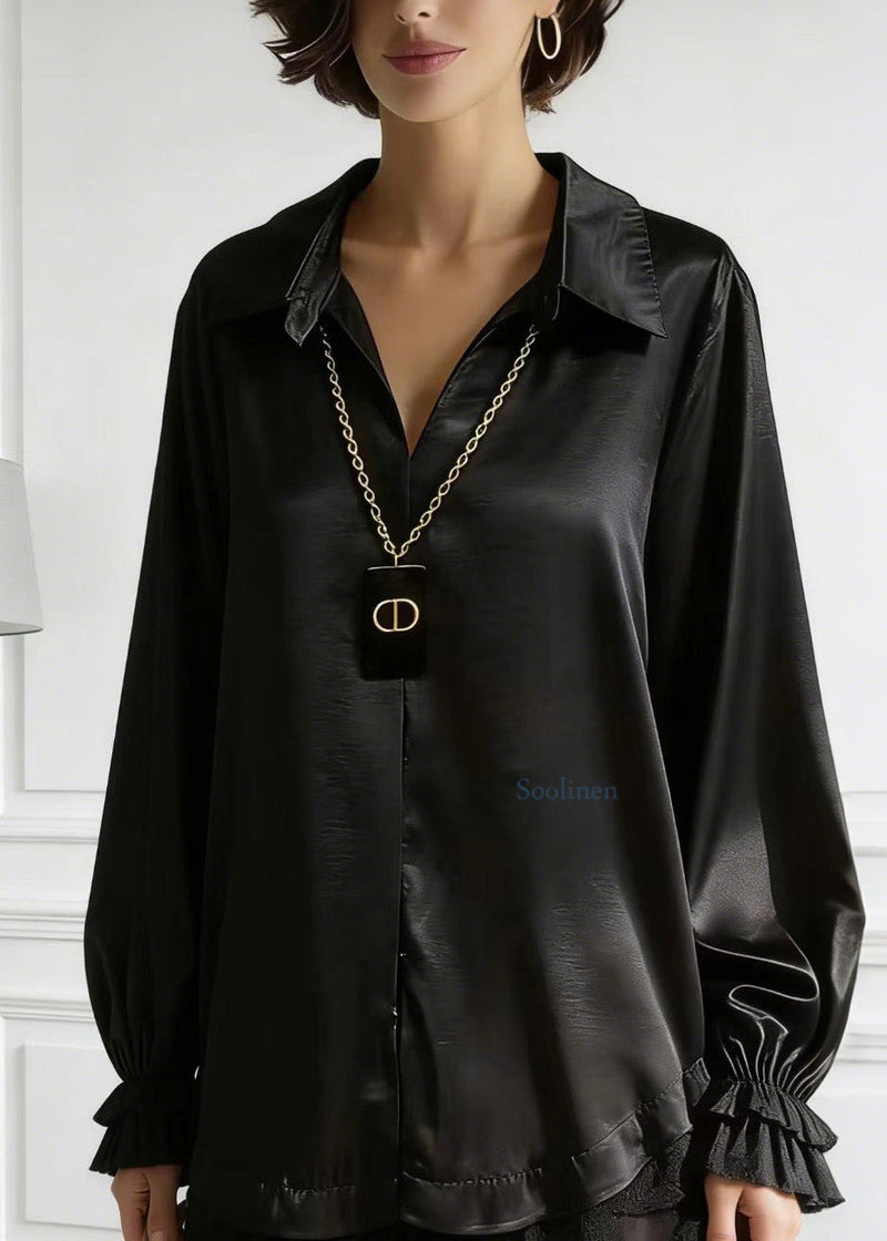 Black Peter Pan Collar Lace Patchwork Silk Shirt Tops Spring