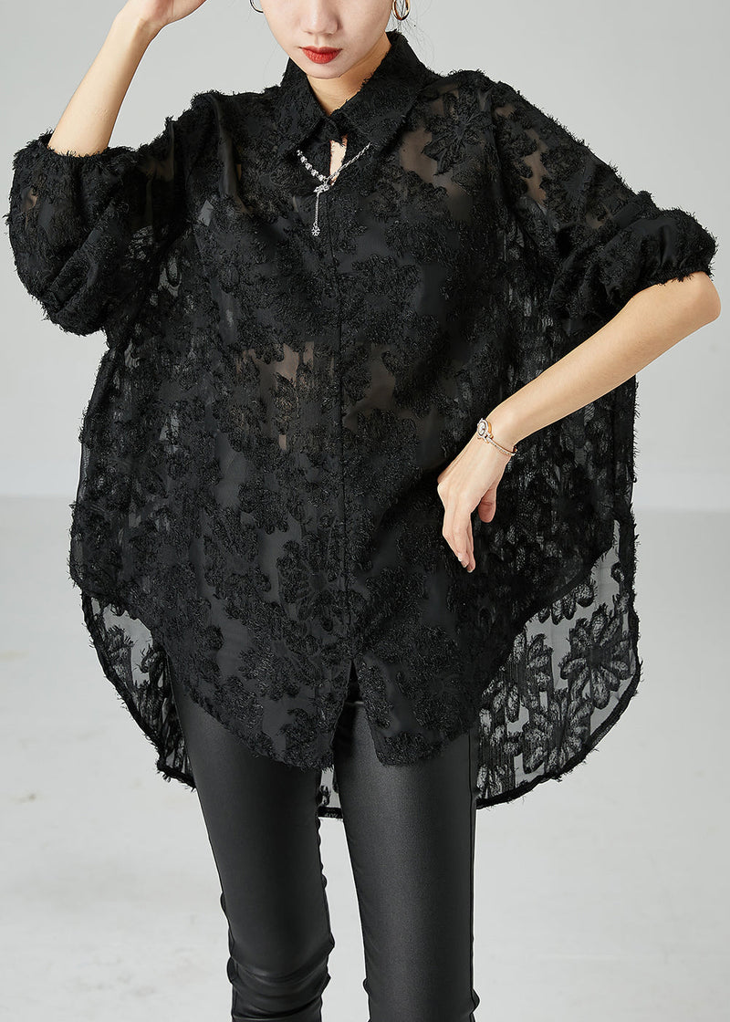 Black Peter Pan Collar Oversized Lace Long Shirts Summer