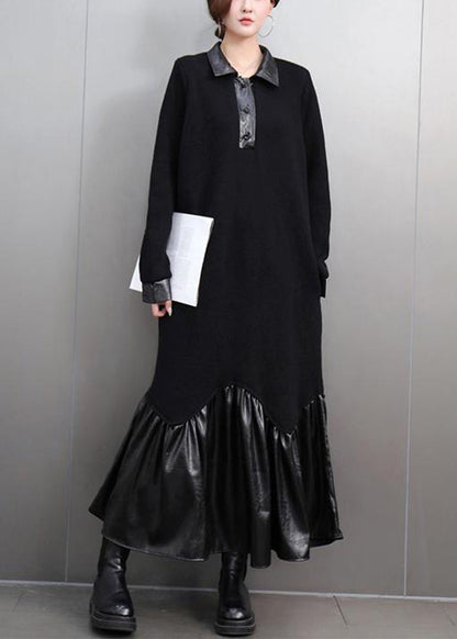 Black Peter Pan Collar Patchwork Button Maxi Dresses Spring