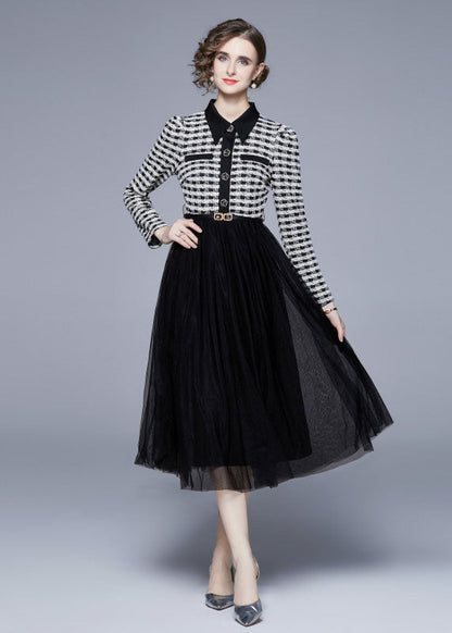 Black Peter Pan Collar Patchwork Tulle Cinch Dress Spring