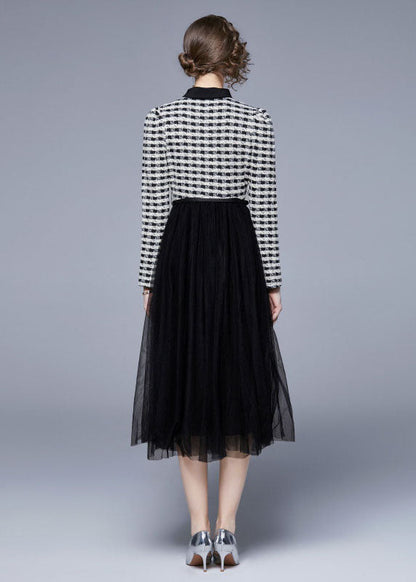 Black Peter Pan Collar Patchwork Tulle Cinch Dress Spring