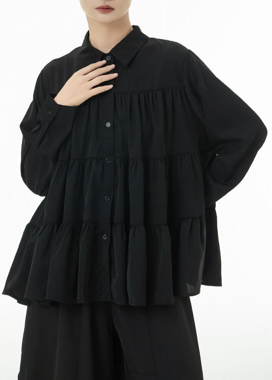 Black Peter Pan Collar Patchwork Wrinkled Cotton Blouses Spring