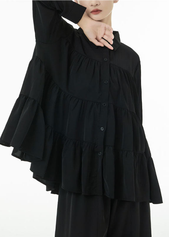 Black Peter Pan Collar Patchwork Wrinkled Cotton Blouses Spring