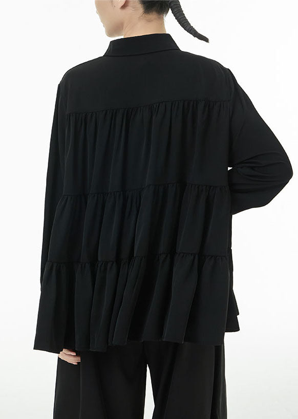 Black Peter Pan Collar Patchwork Wrinkled Cotton Blouses Spring