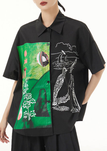 Black Peter Pan Collar Print Patchwork Cotton Blouse Top Summer