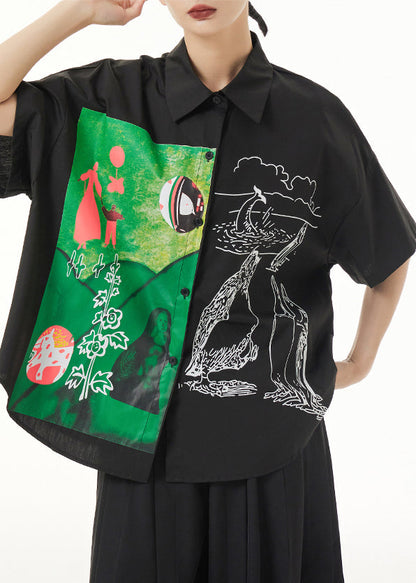 Black Peter Pan Collar Print Patchwork Cotton Blouse Top Summer