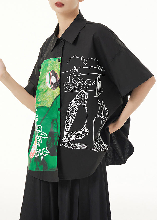 Black Peter Pan Collar Print Patchwork Cotton Blouse Top Summer